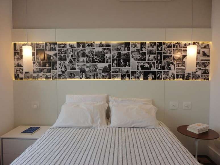 6. Cabeceira com led e painel de fotos deixam a decoração ainda mais personalizada. Fonte: Maria Helena Torres