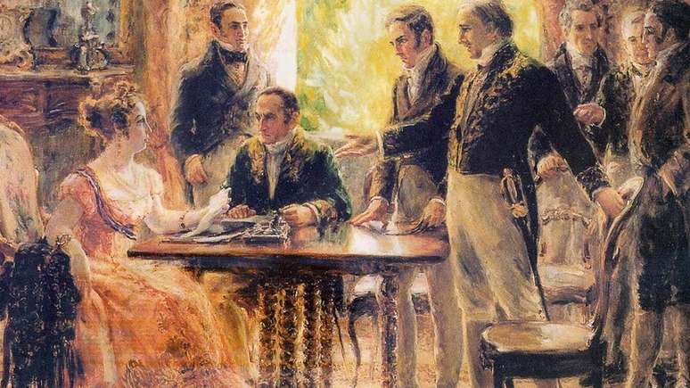 D. Leopoldina presidindo a sess&atilde;o de 2 de setembro de 1822 do Conselho de Estado do Brasil, que precedeu a declara&ccedil;&atilde;o da independ&ecirc;ncia do Brasil em pintura de Georgina de Albuquerque
