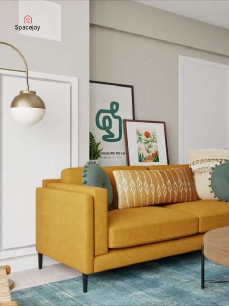 20. Cores que combinam com amarelo e cinza para sala de estar chique – Foto Spacejoy
