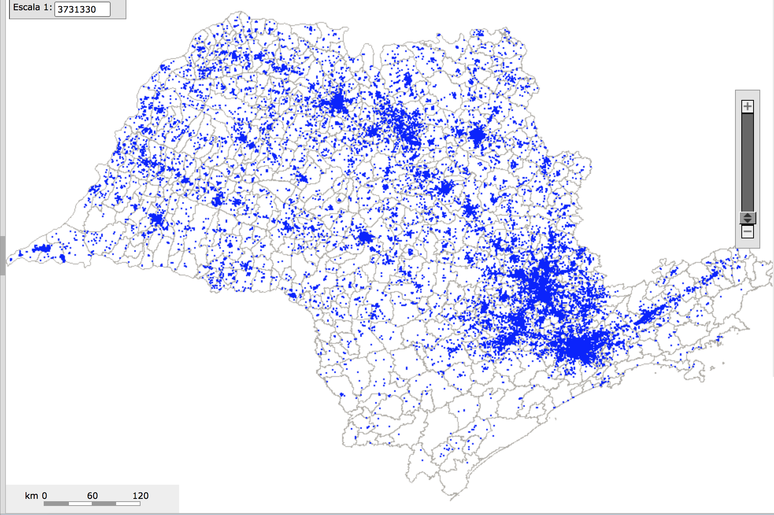 Mapa dos po&ccedil;os registrados que exploram &aacute;guas subterr&acirc;neas no Estado de S&atilde;o Paulo.