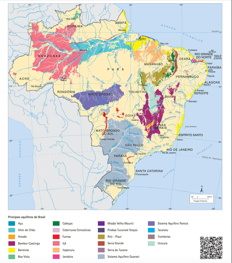 Mapa dos principais aqu&iacute;feros brasileiros; reservas subterr&acirc;neas abastecem mais da metade das cidades do pa&iacute;s.