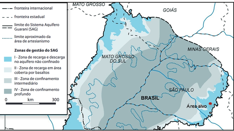Mapa mostra as diferentes forma&ccedil;&otilde;es do aqu&iacute;fero Guarani em SP; a "&aacute;rea alvo" sinaliza a regi&atilde;o onde se cogitou construir um sistema para levar &aacute;gua do aqu&iacute;fero at&eacute; as proximidades de Campinas e da Grande S&atilde;o Paulo.