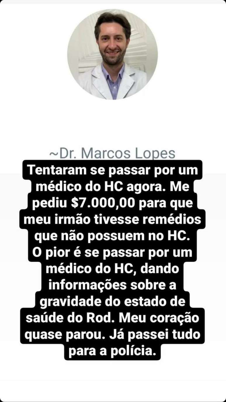Em seu perfil no Instagram, Diogo Mussi compartilha perfil do WhatsApp que tentou aplicar golpe se passando por médico do Hospital das Clínicas.