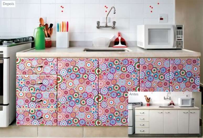 58. Adesivo para armario de cozinha colorido – Foto Telhanote