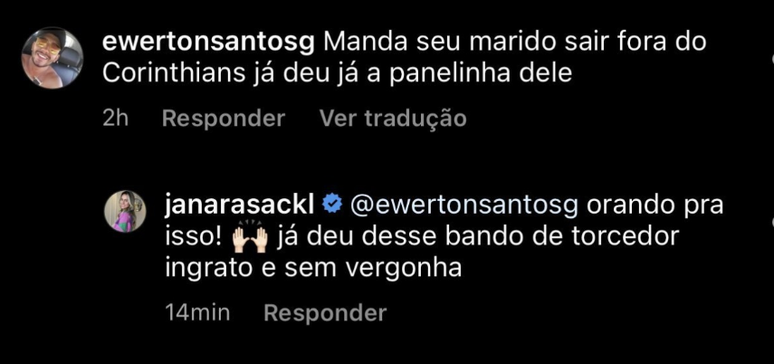 Resposta da esposa de Cássio a torcedor do Corinthians nas redes sociais