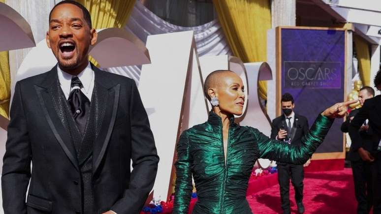 Will Smith e Jada Pinkett Smith sorriem para as c&acirc;meras antes da cerim&ocirc;nia em Los Angeles