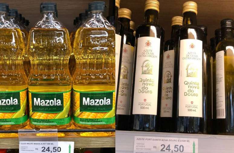 Óleo de milho e azeite de oliva português; o produto nacional básico está no mesmo preço do item importado.  Foto: 
