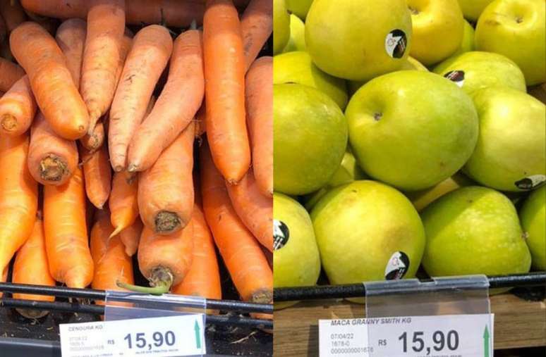 Cenoura e maçã importada; o preço de um quilo é exatamente o mesmo para ambos os produtos