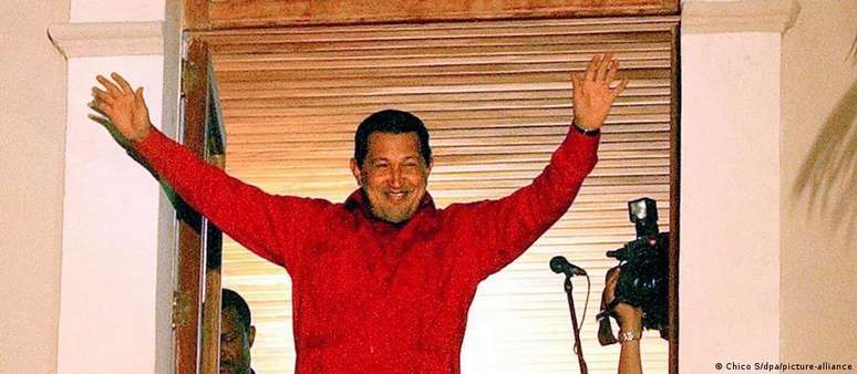 Hugo Chávez acena a apoiadores do Palácio de Miraflores, 16/08/2004