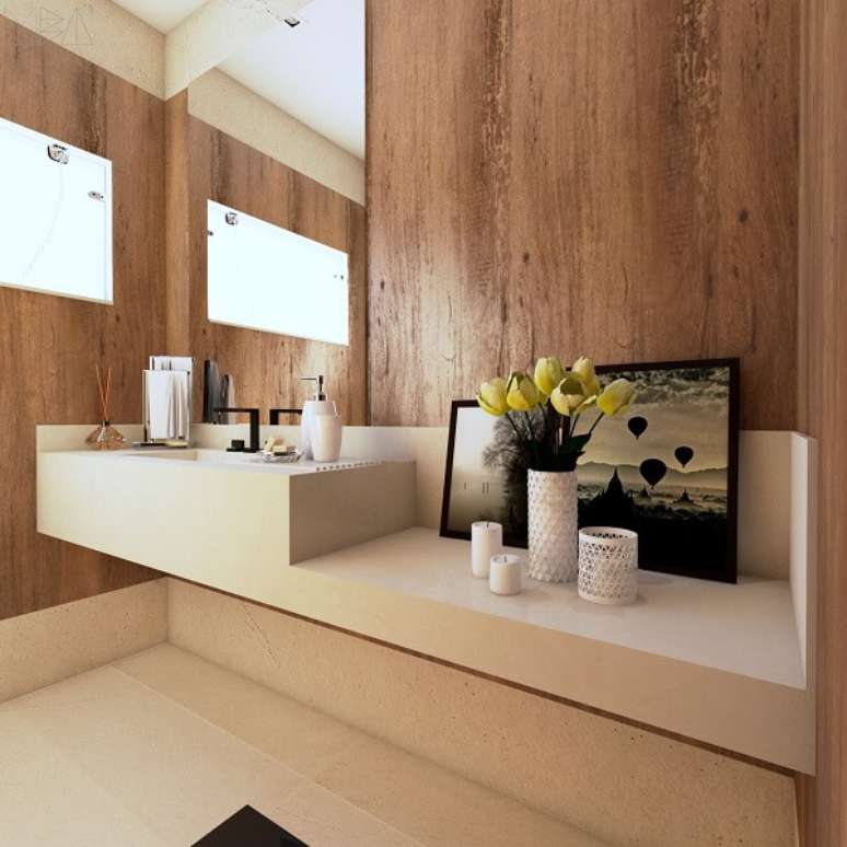 49. Decora&ccedil;&atilde;o com revestimento amadeirado no lavabo embaixo da escada &ndash; Foto Uba Arquitetura