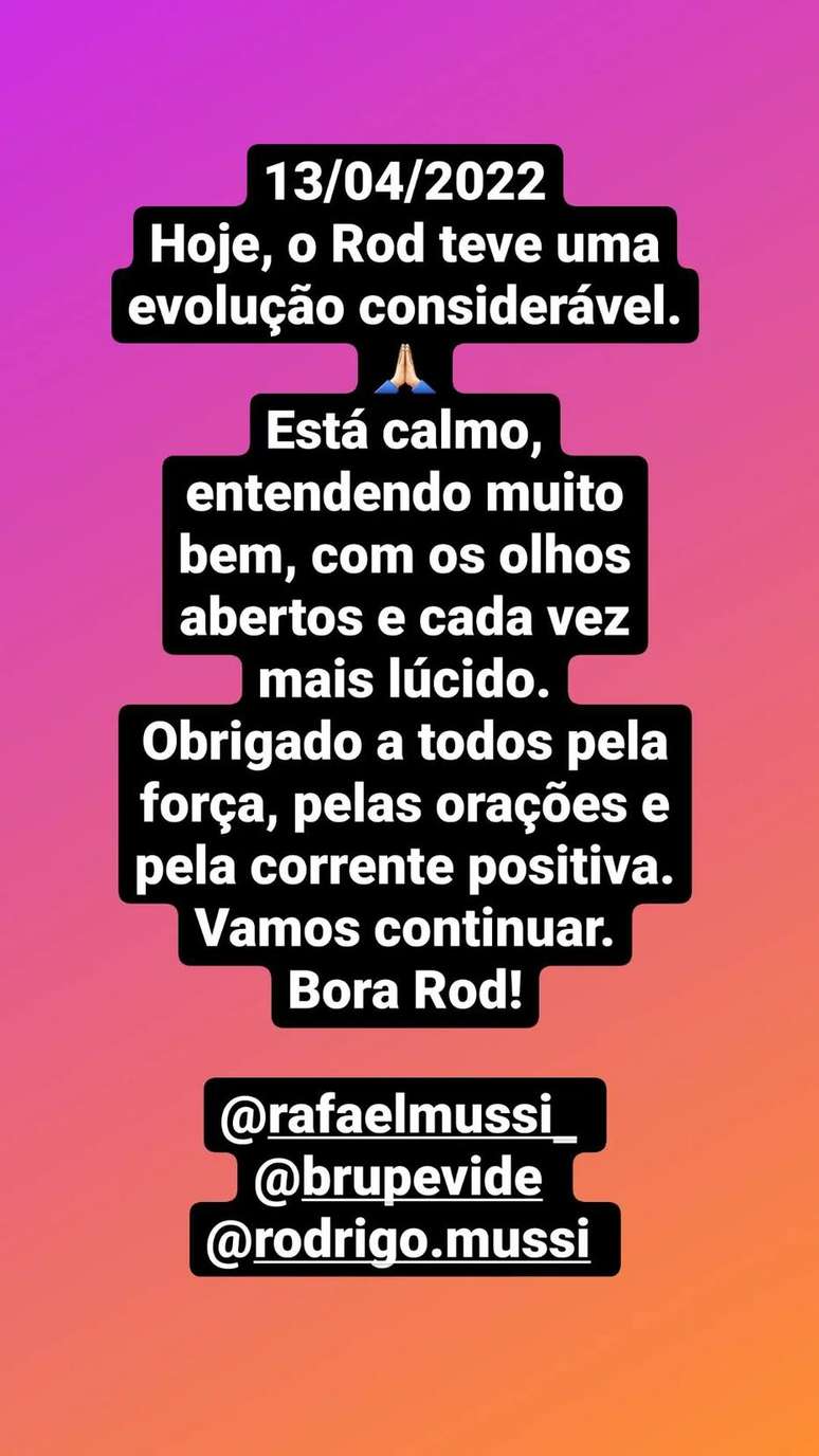 Nos Stories, Diogo Mussi compartilhou novo comunicado informando o estado de saúde de Rodrigo Mussi.