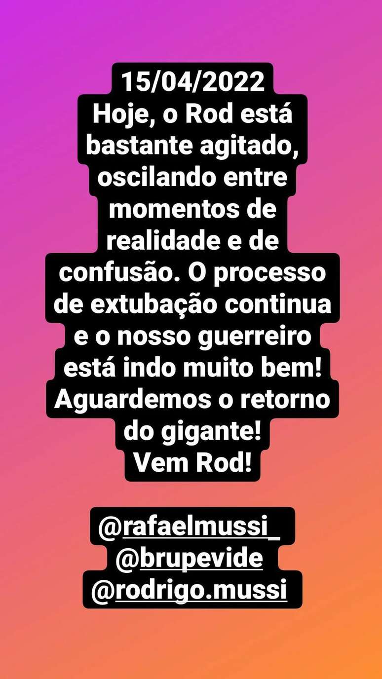 Nos Stories, Diogo Mussi compartilhou novo comunicado informando o estado de saúde de Rodrigo Mussi.