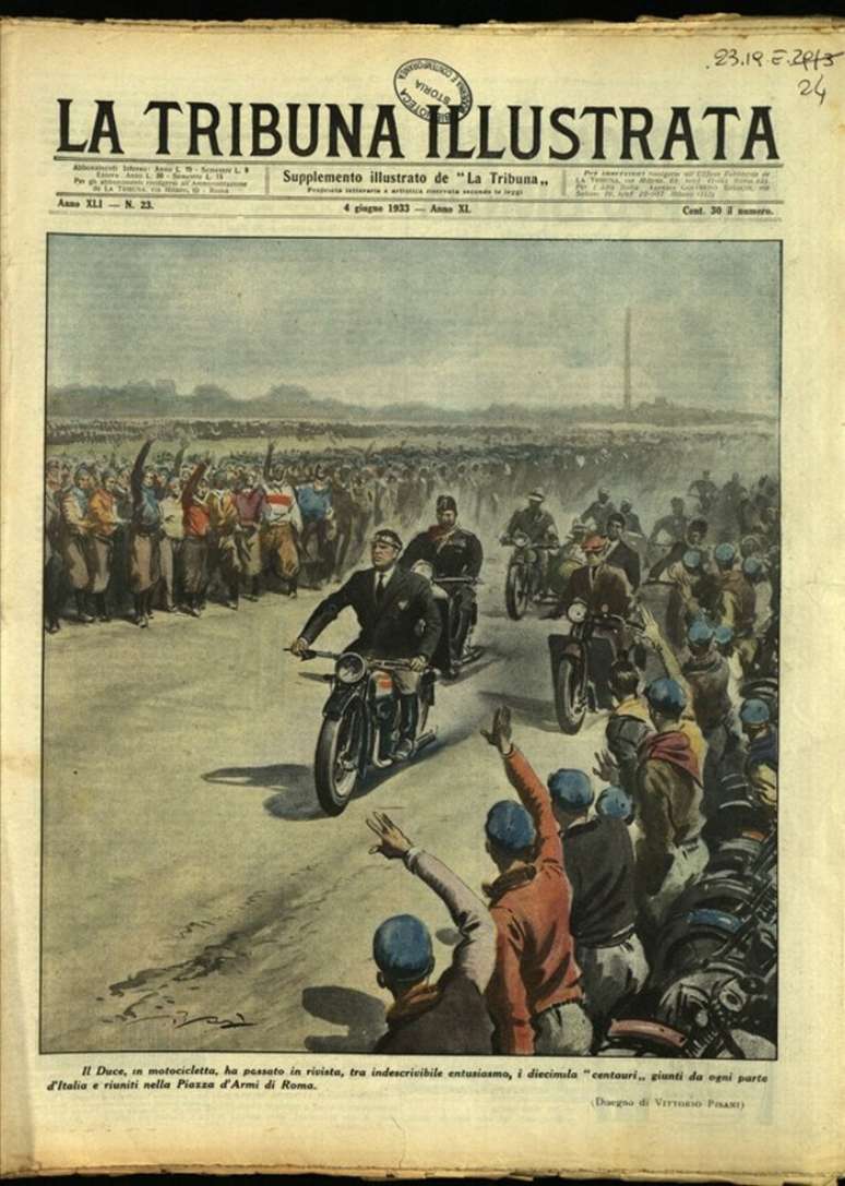 Motociata de Mussolini na capa do jornal La Tribuna Illustrata.