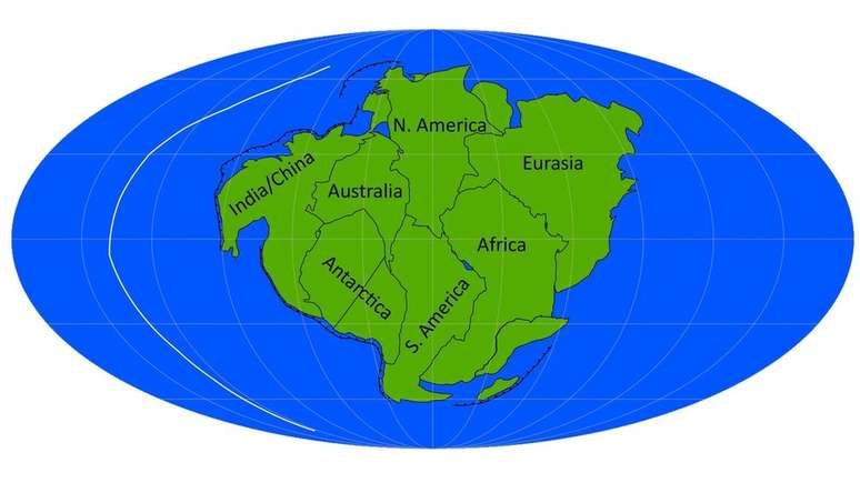 Aurica, o supercontinente que poderia se formar se o Atlântico e o Pacífico fechassem (Crédito: Davies et al)
