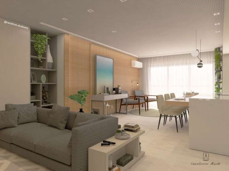 42. Sala de estar com parede de porcelanato ripado &ndash; Foto Carolinne Ataide Lima