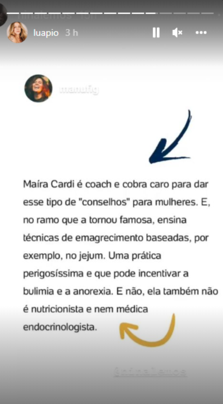 Luana Piovani compartilha critica a Maíra Cardi