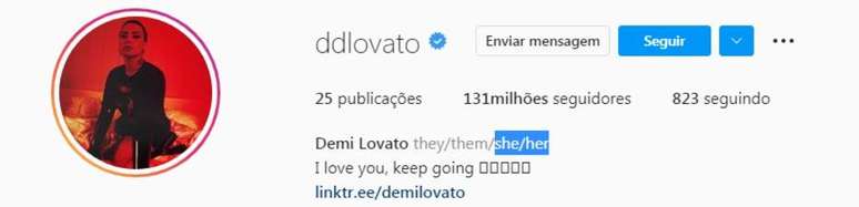 Demi Lovato inseriu os pronomes femininos na sua bio do Instagram.