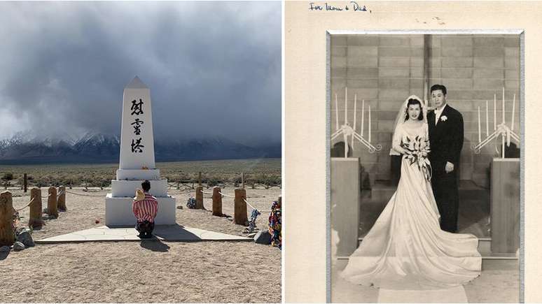 Konno presta homenagem a seus antepassados no local que abrigou o campo de realoca&ccedil;&atilde;o de Manzanar (&agrave; esquerda), seus av&oacute;s no dia do casamento (&agrave; direita)