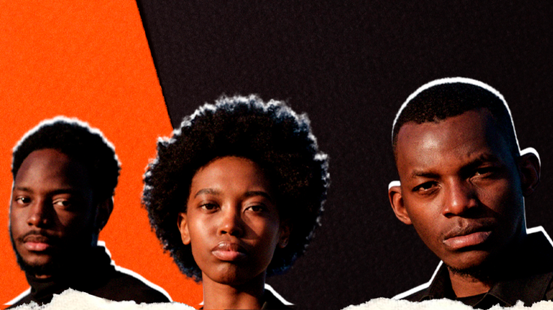 Imagem mostra três rostos distintos de brasileiros negros com fundo laranja e preto