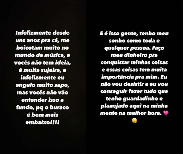 MC Mirella fez desabafo nos stories