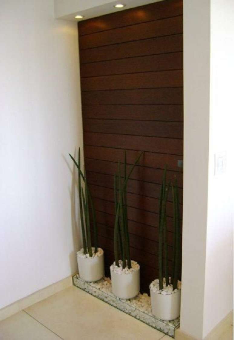 24. Hall de entrada com painel de madeira e vasos de plantas – Foto MC3 Arquitetura