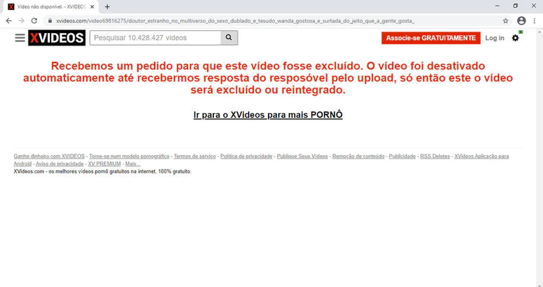"Recebemos um pedido para que este vídeo fosse excluído", diz texto do Xvideos na página onde antes estava o filme 'Doutor Estranho: No Multiverso da Loucura' 
