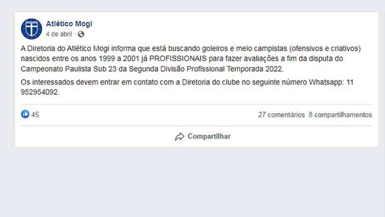 An&uacute;ncio do clube pedindo jogadores 'com investimento' nas redes sociais