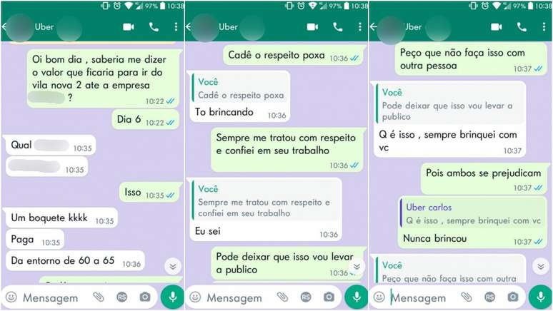 Jovem relatou mensagem inadequada enviada por motorista de aplicativo