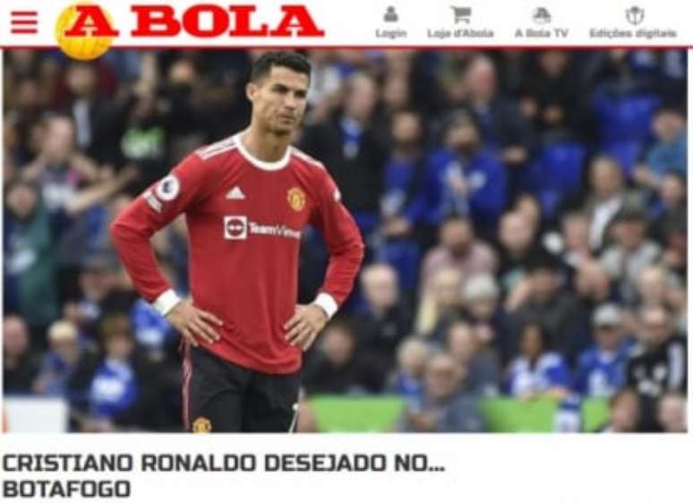 A capa da matéria do jornal "A Bola" com a seguinte frase: "CRISTIANO RONALDO DESEJADO NO... BOTAFOGO" (Foto: Reprodução/Jornal "A Bola")