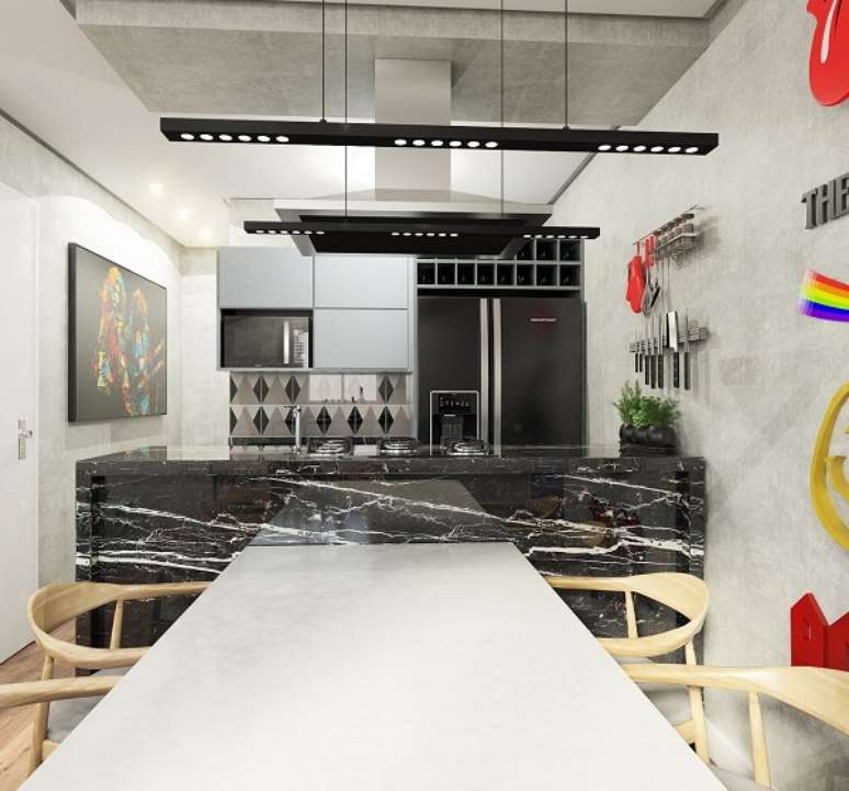 20. Cozinha americana simples com bancada de granito preto e branco – Foto Tamires Fernandes Arquitetura e Interiores