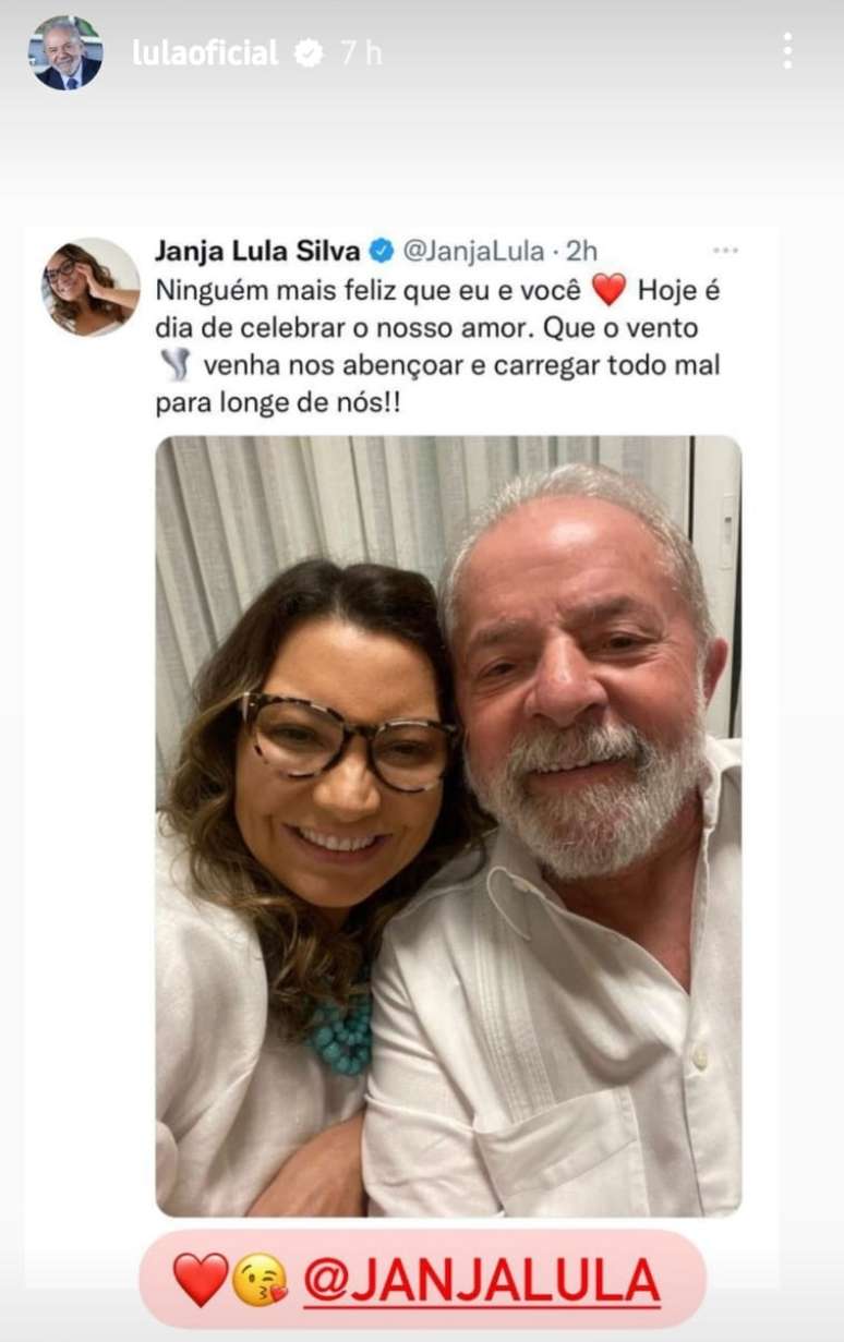 Lula repostou uma declaração de amor que Janja fez para ele