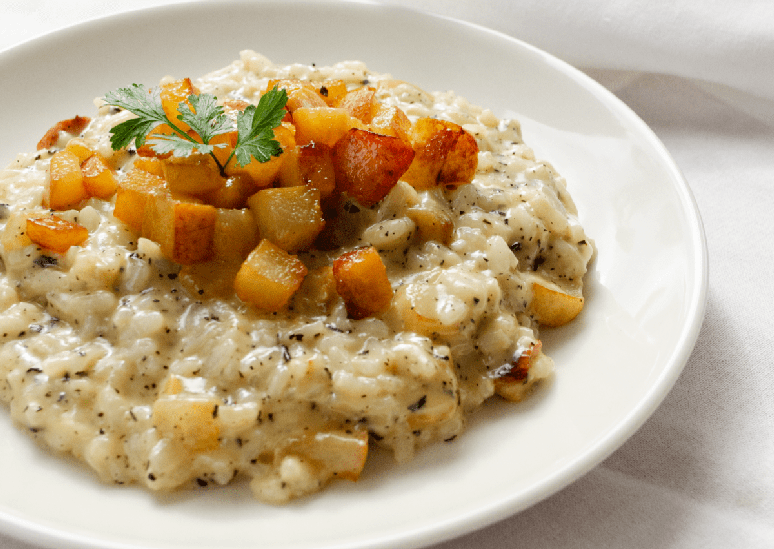 Risotto de pera com gorgonzola e chá preto defumado – Foto: Divulgação/Chá Dō