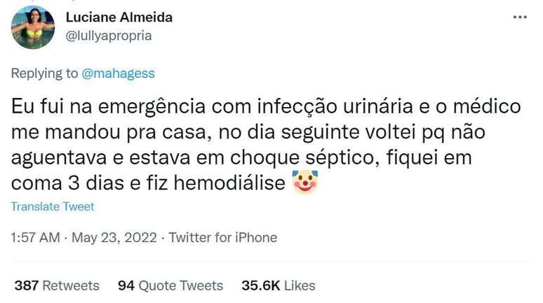 Resposta de Luciane Almeida à tuíte de suposta médica viralizou, com mais de 35 mil curtidas