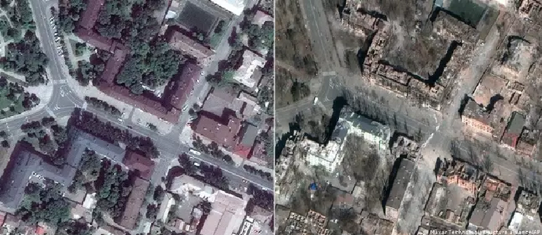 Imagens de sat&eacute;lite mostram um bairro de Mariupol em junho de 2021 e, mais recentemente, ap&oacute;s ataques russos