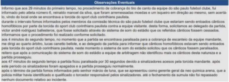 Cantos homofóbicos entoados pela torcida do Corinthians foram registrados na súmula da partida