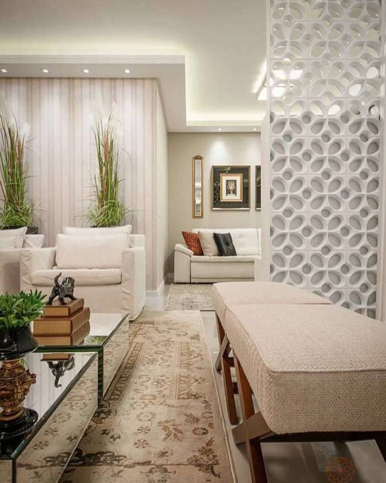 47. Decoração clean com parede de cobogó de cerâmica branca. Fonte: Glanz Arquitetura