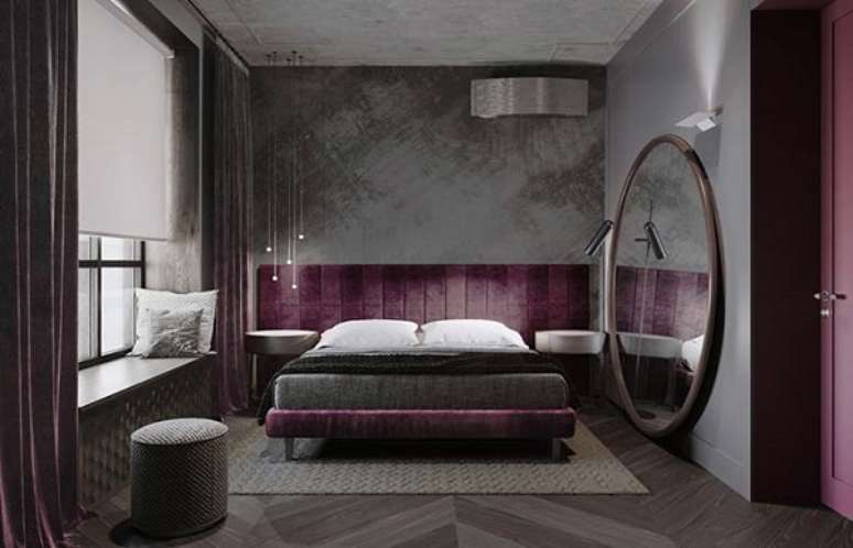 22. Marmorato na parede cinza escuro com cortina da mesma cor &ndash; Foto Decor Facil