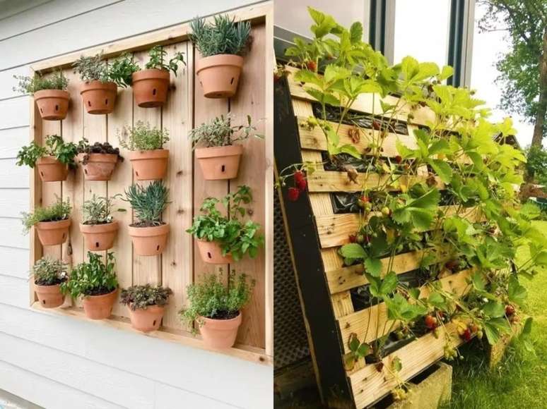 Os dois exemplos com palete de madeira s&atilde;o excelentes inspira&ccedil;&otilde;es para quem procura um visual mais r&uacute;stico. Um possui vasos terracota e o outro utiliza as aberturas da madeira para posicionar as esp&eacute;cies de plantas.