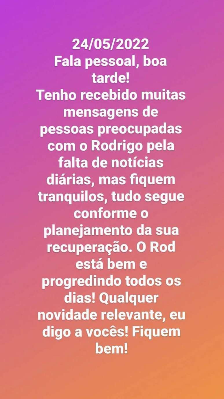 Diogo Mussi atualizou estado de saúde do ex-BBB Rodrigo Mussi.