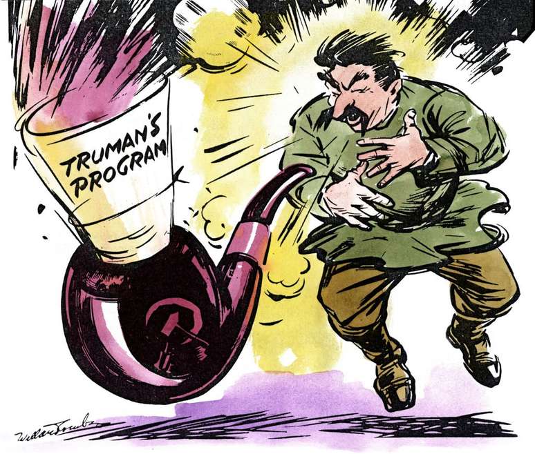 Caricatura da &eacute;poca, mostrando Stalin em apuros com os efeitos da 'Doutrina Truman'