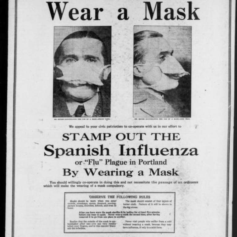 Em 1918, as máscaras eram mais rudimentares