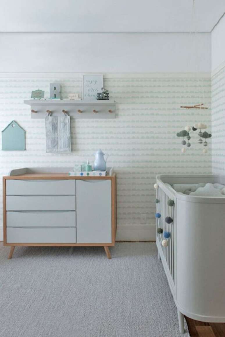 52. Papel de parede verde menta e branco para decora&ccedil;&atilde;o de quarto de beb&ecirc; moderno &ndash; Foto: Telas & Papel