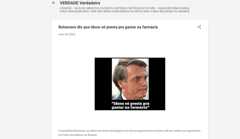 Print mostra publica&ccedil;&atilde;o original do blog Verdade Verdadeira com as falsas declara&ccedil;&otilde;es.