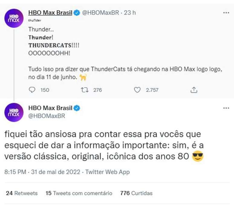 HBO Max usou o perfil no Twitter para confirmar que 'ThunderCats' chega na plataforma de streaming.