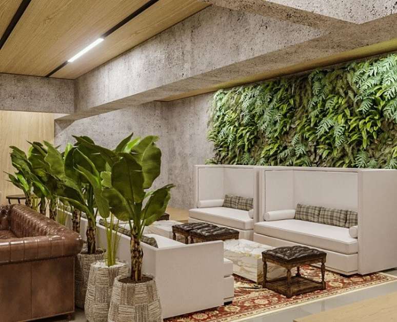 23. Ambiente com sofá de couro e planta de parede. Fonte: Piloni Arquitetura