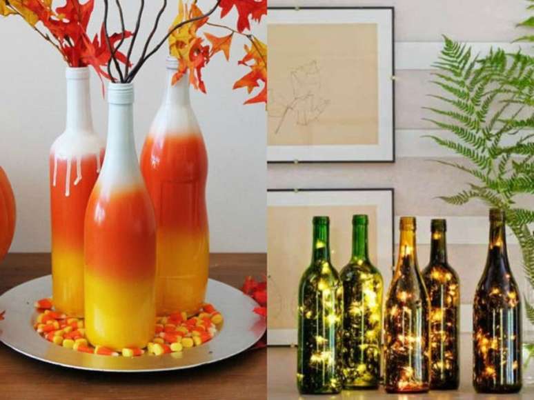 Ilumine a decoração de outono com a exibição de garrafas pintadas ou use as cores que você quiser e exiba-as durante todo o ano. / Coloque fios de luzes cintilantes em garrafas de vinho para um belo destaque.