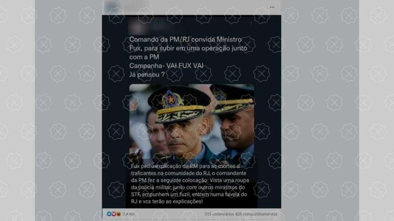 Post engana ao dizer que comando da PM convidou o presidente do STF Luiz Fux a subir fardado e armado em favela do RJ, o que é falso