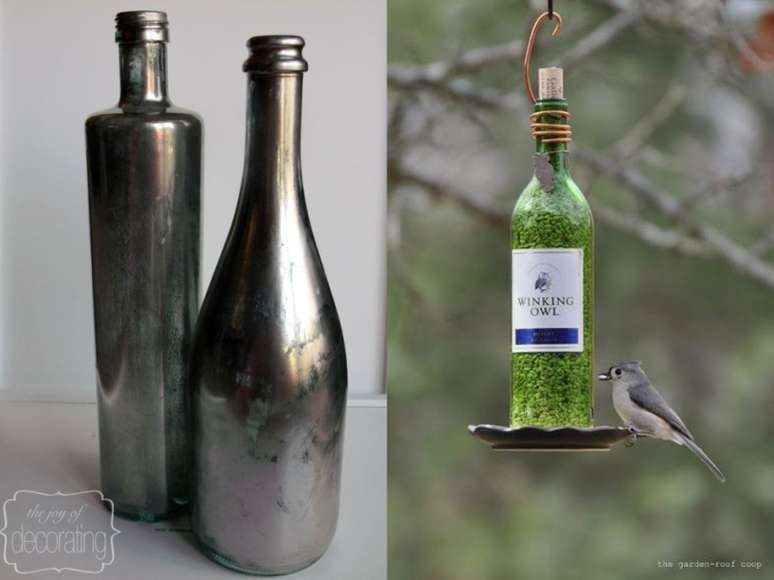 Estas garrafas metálicas darão um toque chique a qualquer ambiente. Agrupe-as para um item de destaque. / Atraia amigos para o seu quintal com um alimentador de pássaros de garrafa de vinho super elegante.