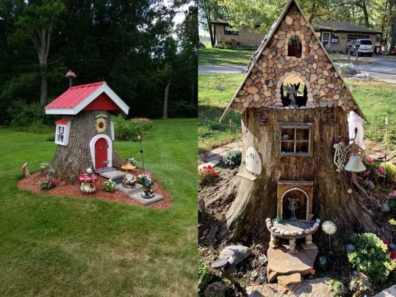 Uma pequena casa de elfo com um telhado, janelas e porta vermelha e algumas flores e figuras de gnomos! / Esta decoração de jardim super criativa foi feita de um toco de árvore, com telhado de seixos, alguns duendes e flores ao redor.