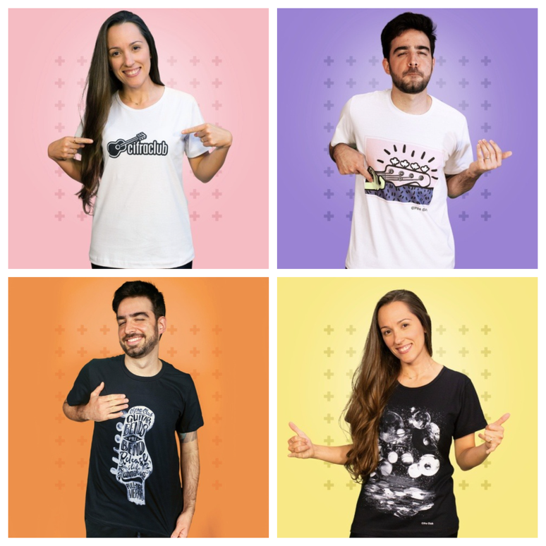 Quatro dos v&aacute;rios modelos de camisetas oficiais da nossa loja (Imagem/Cifra Club)